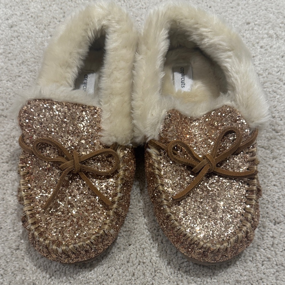 Crewcuts Glittery Gold Slippers with Faux Fur